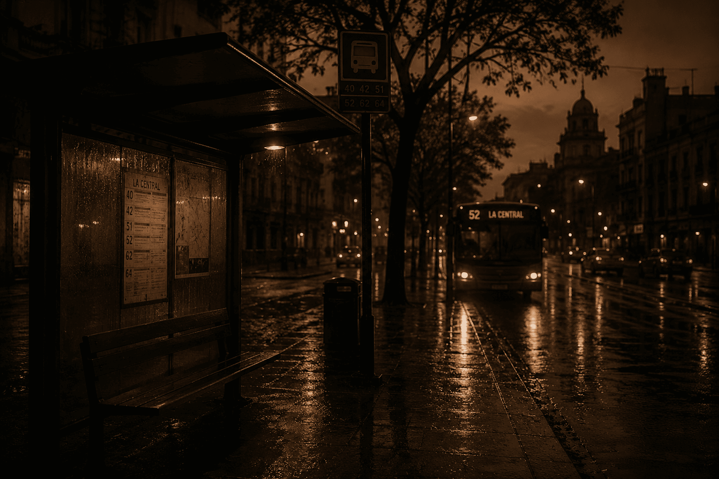 A rainy city street at night with a bus stop and an approaching bus